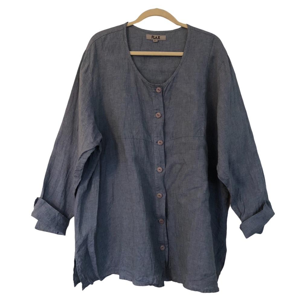 FLAX Women’s 100% Linen Chambray Blue front button Tunic top